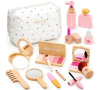Wooden Pretend Play Makeup Toy Set for Girls, Includes Eyeshadow, Mascara, Perfume, Blush, Mirror, and Storage Bag, for Kids Aged 3-8