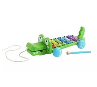 Wooden Pull Along Crocodile Xylophone, Educational Musical Toy for Toddlers, 8 Colorful Keys, Green Animal Design with Wheels
