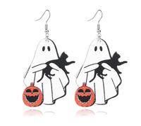 Wooden Pumpkin & Bat Drop Dangle Earrings - Black Cat & Ghost Designs - Lightweight & Cute - Perfect for Halloween Parties & Gifts, Wood, No Gemstone