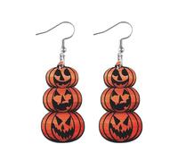 Wooden Pumpkin Earrings Halloween Lightweight Wood Ghost Skull Printed Pumpkin Dangle Drop Earring for Women Autumn Fall Jewelry, Wood, no gem