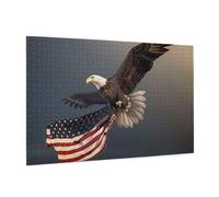 Wooden Puzzle 1000 Piece 75x50 CM, 3D Bald Eagle Flying with American Flag Printed Cute Puzzle Game in Plastic Box for Family Entertainment and Brain Training Gifts