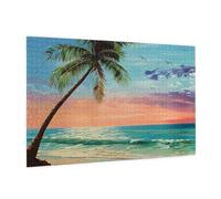 Wooden Puzzle 1000 Piece 75x50 CM, Coconut Palm Tree Sandy Beach 1 Printed Cute Puzzle Game in Plastic Box for Family Entertainment and Brain Training Gifts