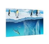 Wooden Puzzle 1000 Piece 75x50 CM, Penguins On The Iceberg Printed Cute Puzzle Game in Plastic Box for Family Entertainment and Brain Training Gifts