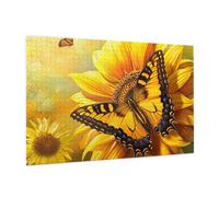 Wooden Puzzle 1000 Piece 75x50 CM, Sunflower Butterfly Sunny Printed Cute Puzzle Game in Plastic Box for Family Entertainment and Brain Training Gifts