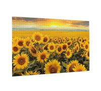 Wooden Puzzle 1000 Piece 75x50 CM, Sunflower Field Printed Cute Puzzle Game in Plastic Box for Family Entertainment and Brain Training Gifts