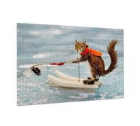 Wooden Puzzle 1000 Piece 75x50 CM, Water Skiing fox Squirrel Printed Cute Puzzle Game in Plastic Box for Family Entertainment and Brain Training Gifts