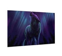 Wooden Puzzle 1000 Piece 75x50 CM, Wolves Howl in the Northern Lights Printed Cute Puzzle Game in Plastic Box for Family Entertainment and Brain Training Gifts