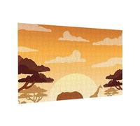 Wooden Puzzle 300 Piece 38x26 CM, Elephant and Giraffe in The Sunset Printed Cute Puzzle Game in Plastic Box for Family Entertainment and Brain Training Gifts