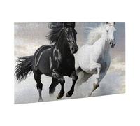 Wooden Puzzle 500 Piece 52x38 CM, Black and White Horses Running Printed Cute Puzzle Game in Plastic Box for Family Entertainment and Brain Training Gifts