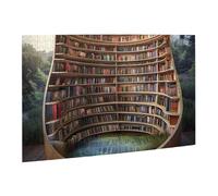 Wooden Puzzle 500 Piece 52x38 CM, Library Bookshelf Books Printed Cute Puzzle Game in Plastic Box for Family Entertainment and Brain Training Gifts