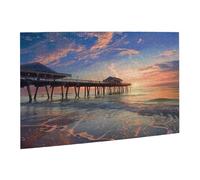 Wooden Puzzle 500 Piece 52x38 CM, sunset at the beach bridge Printed Cute Puzzle Game in Plastic Box for Family Entertainment and Brain Training Gifts