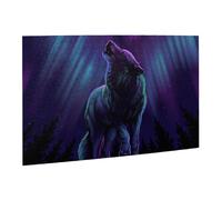 Wooden Puzzle 500 Piece 52x38 CM, Wolves Howl in the Northern Lights Printed Cute Puzzle Game in Plastic Box for Family Entertainment and Brain Training Gifts