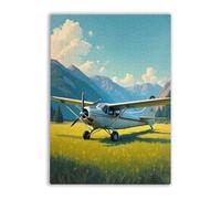 Wooden Puzzle 500 Piece Adult Jigsaw Small Plane Standing a Grass Field Against Mountains and Blue Letters on The Back Suitable for Beginners to Adapt to Family Education Activities Without Pressure