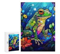 Wooden Puzzle for Adults 300/500/1000 Piece, Abstract Stained Glass Frog Colorful Naive-Art, Wooden Jigsaw Puzzles Unique Shape Birthday Gifts for Adults And Kids Family Game Horizontal