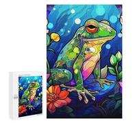 Wooden Puzzle for Adults 300/500/1000 Piece, Abstract Stained Glass Frog Colorful Naive-Art, Wooden Jigsaw Puzzles Unique Shape Birthday Gifts for Adults And Kids Family Game Horizontal