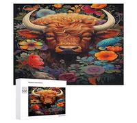 Wooden Puzzle for Adults 300/500/1000 Piece, Colorful Floral Buffalo Abstract Poster Style Naive Art Horizontal Wooden Puzzle Gifts for Men, Women And Seniors Family Game