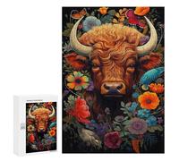 Wooden Puzzle for Adults 300/500/1000 Piece, Colorful Floral Buffalo Abstract Poster Style Naive Art, Wooden Jigsaw Puzzles Unique Shape Birthday Gifts for Adults And Kids Family Game Horizontal
