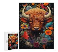 Wooden Puzzle for Adults 300/500/1000 Piece, Colorful Floral Buffalo Abstract Poster Style Naive Art, Wooden Jigsaw Puzzles Unique Shape Birthday Gifts for Adults And Kids Family Game Horizontal