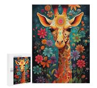 Wooden Puzzle for Adults 300/500/1000 Piece, Colorful Floral Giraffe Abstract Poster Style Naive Art, Wooden Jigsaw Puzzles Unique Shape Birthday Gifts for Adults And Kids Family Game Horizontal