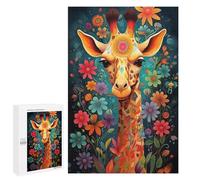 Wooden Puzzle for Adults 300/500/1000 Piece, Colorful Floral Giraffe Abstract Poster Style Naive Art, Wooden Jigsaw Puzzles Unique Shape Birthday Gifts for Adults And Kids Family Game Horizontal