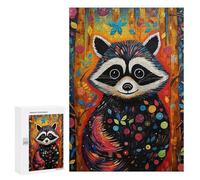 Wooden Puzzle for Adults 300/500/1000 Piece, Colorful Floral Raccoon Abstract Poster Style Naive Art (4), Wooden Jigsaw Puzzles Unique Shape Birthday Gifts for Adults And Kids Family Game Horizontal
