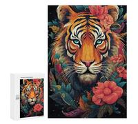 Wooden Puzzle for Adults 300/500/1000 Piece, Colorful Floral Tiger Abstract Poster Style Naive Art (2), Wooden Jigsaw Puzzles Unique Shape Birthday Gifts for Adults And Kids Family Game Horizontal