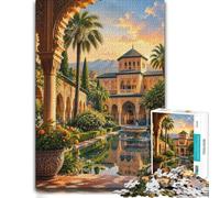 Wooden Puzzle for Adults, Alhambra Palace Courtyard Sunset, 500 Pieces | During puzzle time: Adult Puzzle - visible image details for section-by-section building at home.
