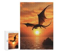 Wooden Puzzle for Adults, Sea Sunset Flying Dragon Printed Puzzle for Adults, Comes with A Beautiful Box