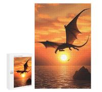 Wooden Puzzle for Adults, Sea Sunset Flying Dragon Printed Puzzle for Adults, Comes with A Beautiful Box