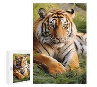 Wooden Puzzle for Adults, Tiger Laying on The Grass Printed Puzzle for Adults, Comes with A Beautiful Box