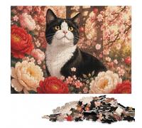 Wooden Puzzle for Adults, Tuxedo Cat Surrounded by Flowers, 1000 Pieces | A focused indoor hobby: steady puzzle progress in spare time.