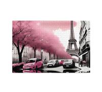 Wooden puzzle with 1000 pieces WZYWHJ Paris Street Eiffel Tower Pink Floral Pattern challenging for home leisure and entertainment suitable for adults and children