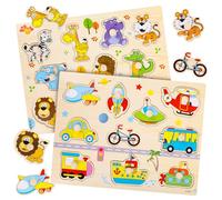 Wooden Puzzles for 1 Year Old, 2 PCS Toddler Wooden Puzzles, Toddler Wooden Jigsaw Puzzles 1-2 Years Montessori Toys, Learning Toys Animals Ideal Kids Puzzles Gift