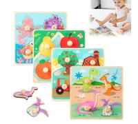 Wooden Puzzles for Kids - 4 Set Chunky Peg Puzzles for Toddlers Aged 3-6, Educational Learning Toys with Farm Animals, Dinosaurs, Fruit & Ocean Themes, Montessori Fine Motor Gifts for Boys & Girls