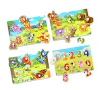 Wooden Puzzles for Toddlers, 4 Pack Animal Theme Jumbo Knob Wooden Matching Jigsaw with Handles, Montessori Preschool Educational Peg Puzzle Set Toys for Boy Girl Ages 1+