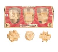 Wooden Puzzles Set, 3D Brain Teasers, 3 Pieces, Ages 3+, Natural Wood