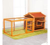 Wooden Rabbit Coop, Outdoor Bunny Cages with Run and Asphalt Roof, Pet House Perfect for Rabbits Guinea Pigs Chicken Duckling(Carbonized red,65 * 55 * 65CM)
