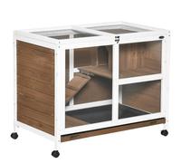 Wooden Rabbit Hutch - Bunny House and Guinea Pig Cage with Tray Wheels Ramp Openable Roof Easy-Open Latch Pet for Small Animals Brown & White