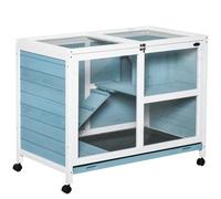 Wooden Rabbit Hutch - Bunny House and Guinea Pig Cage with Tray Wheels Ramp Openable Roof Easy-Open Latch Pet for Small Animals Blue & White