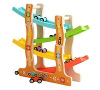 Wooden Race Track Toys - 4 Tier Sliding Car Ramp, Stable Base Design, ABS Material Vehicles, Weight 550g, Polished Safe Edges, Bright Colors | Developer Toy