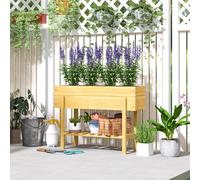Outsunny Wooden Raised Bed w/ Bed Liner, Storage Shelf, Natural Wood Finish, Brown