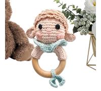 Wooden Rattle - Handmade Crochet Animal Grasping Ring for Nursery | Natural Beechwood, Soft Cotton Texture, Stroller Sensory Toy, Shower Gift, Teething Relief, Playtime