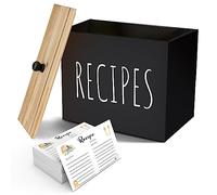 Wooden Recipe Box, Recipes Cards Holder For Counter, Decorative Recipe Card Box Organizer With 6x4 Cards And Dividers, Rustic Wood, Farmhouse Kitchen Decor, Bridal Shower Gifts (black)