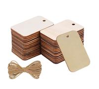 Wooden Rectangle 100 Pcs(2.04x1.34inch) Rustic Unfinished Wood Slices - with Predrilled Hole & 3M Hemp Rope - Perfect for DIY Art Craft Pieces, Party Christmas, Card Making