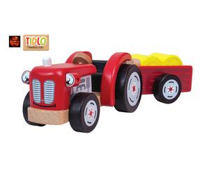 Wooden Red Tractor and Trailer with Hay Bales by Tidlo - New