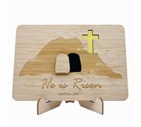 Wooden Religious Easter Card with Stand,Cross & Resurrection Scene He Is Risen Matthew 28:6,Easter Cards with Envelopes for Kids & Loved Ones