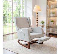 Wooden Rocking Chair with Footrest Lumbar Cushion & Side Pocket Padded Relaxation Armchair for Living Room Comfortable Recliner with Armrests