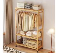 Wooden Rolling Clothes Rack with Shelves - 3-Tier Open Wardrobe& Clothing Display Stand with Top Rod for Bedroom Hallway andSto Soluts