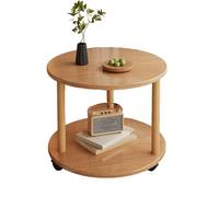 Wooden Round Side Table on Wheels, Double-Layer Coffee Table for Living Room and Bedroom, Compact Design