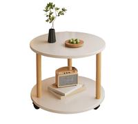 Wooden Round Side Table on Wheels, Double-Layer Coffee Table for Living Room and Bedroom, Compact Design